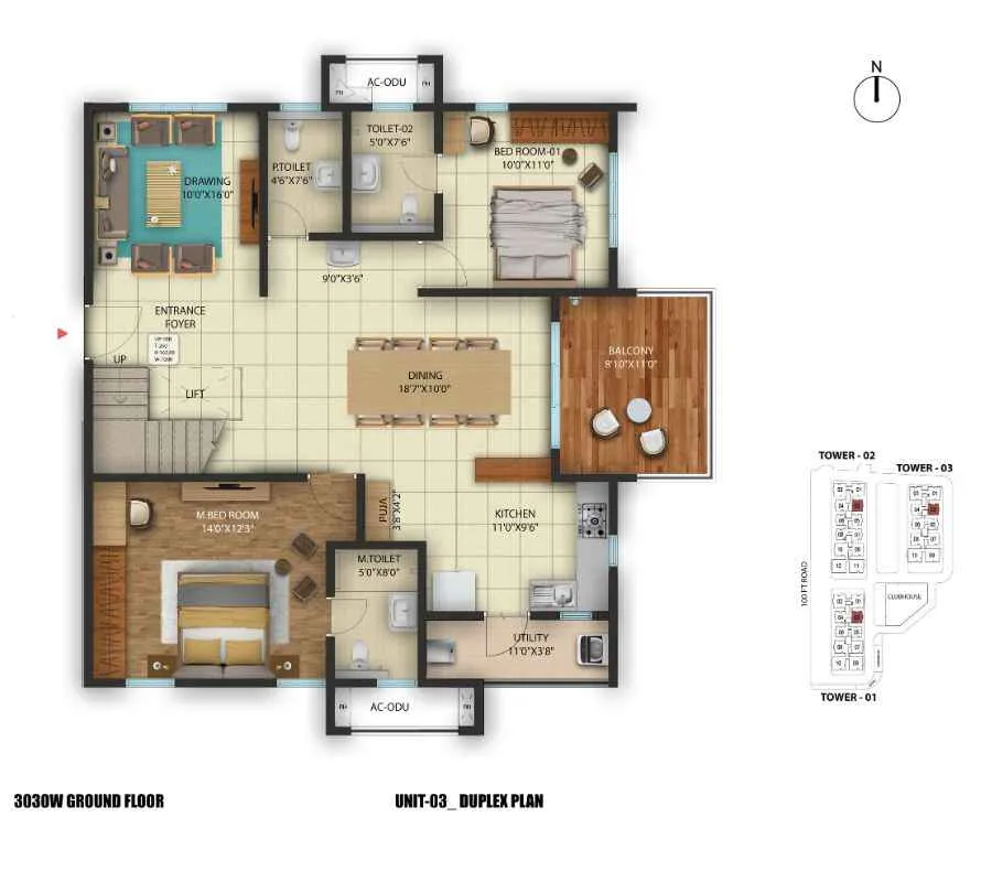 3 BHK 1480 East Facing Floor Plan