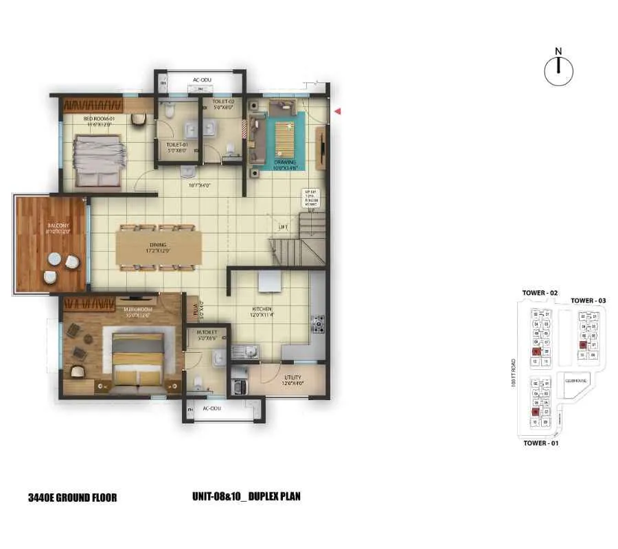  3 BHK 1700 East Facing Floor Plan