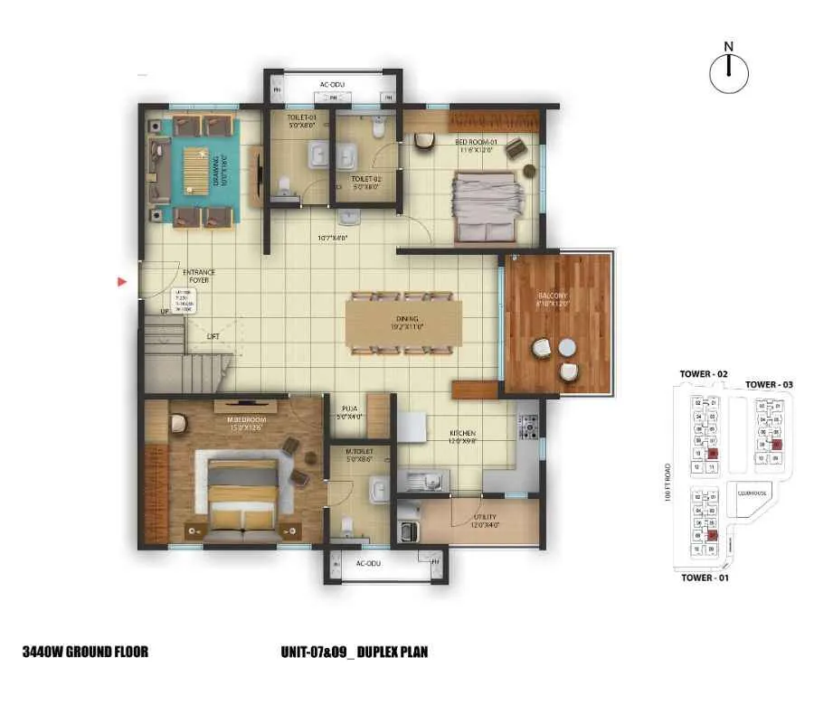 3 BHK 2050 East Facing Floor Plan