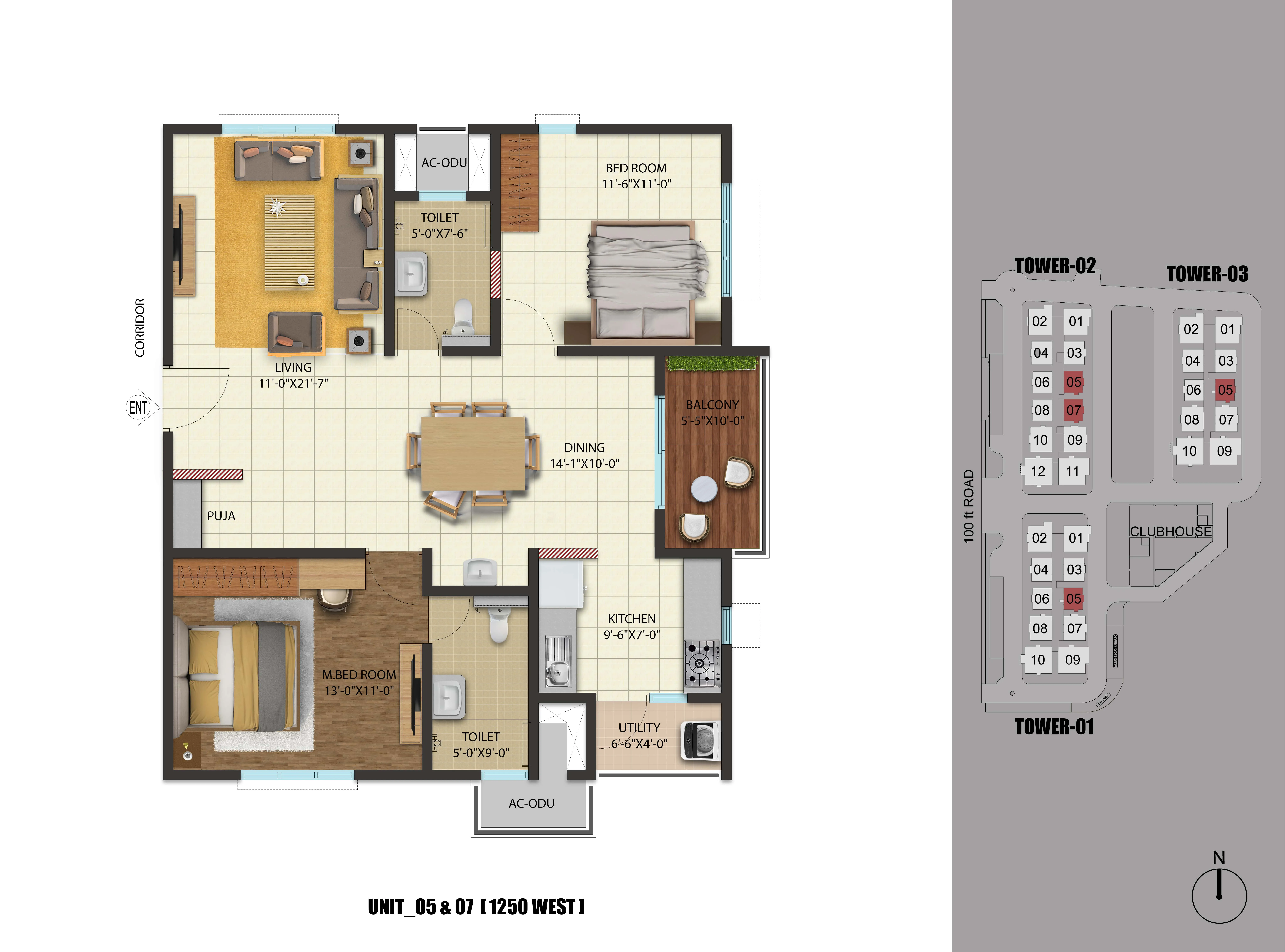 2 BHK West Facing Floor Plan