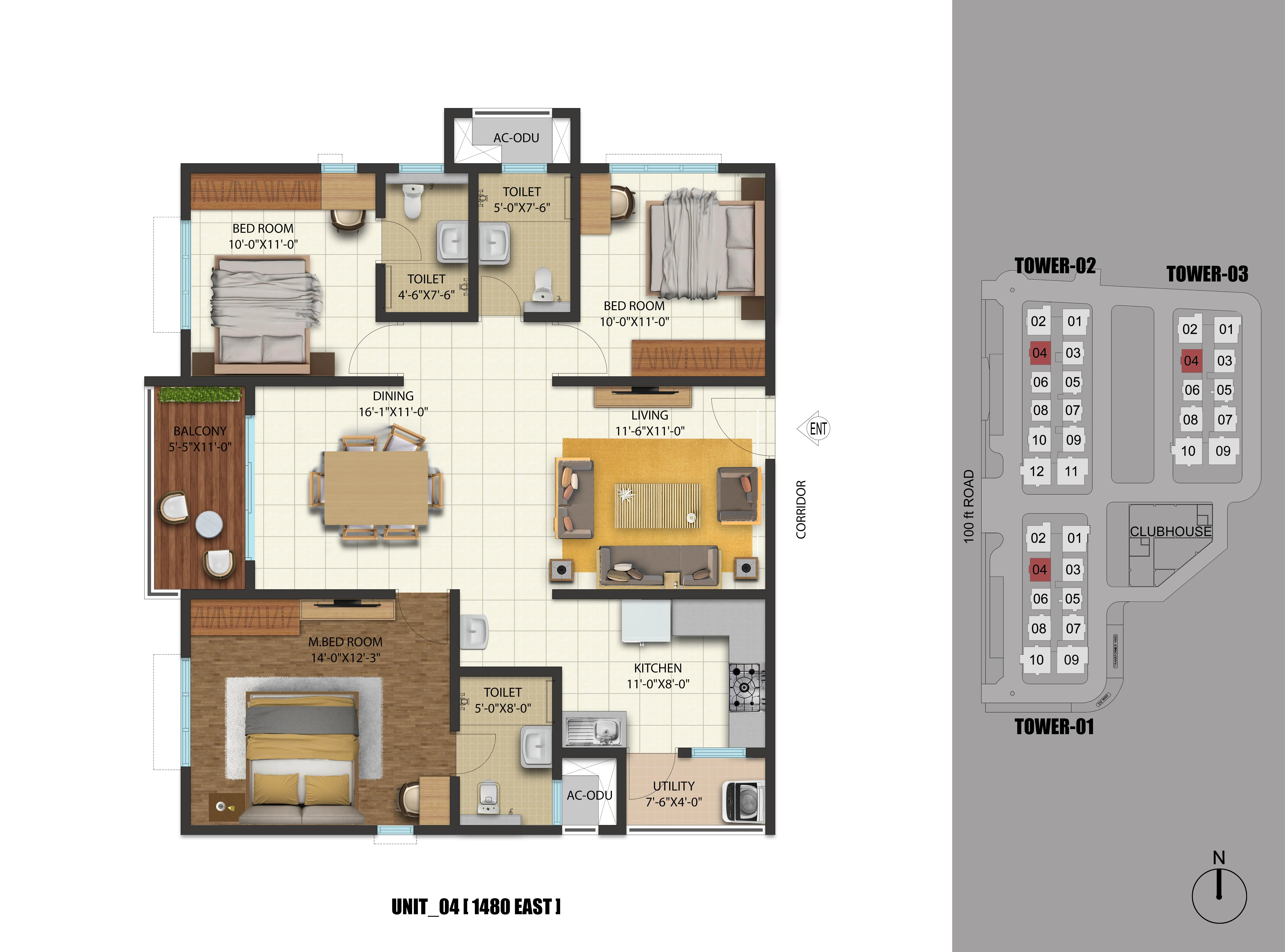 3 BHK 1480 East Facing Floor Plan