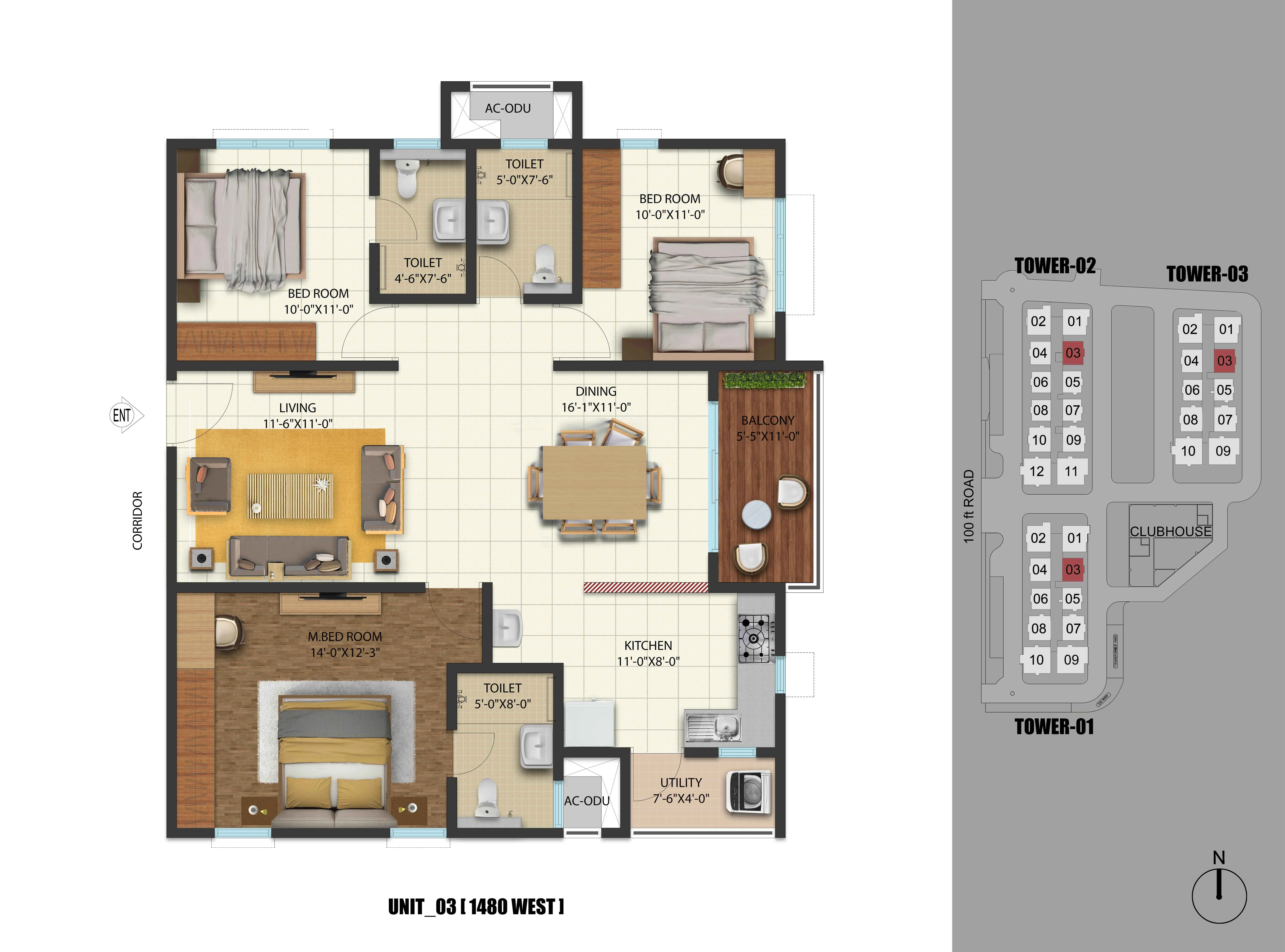 3 BHK 1480 West Facing Floor Plan in Luxury Apartments