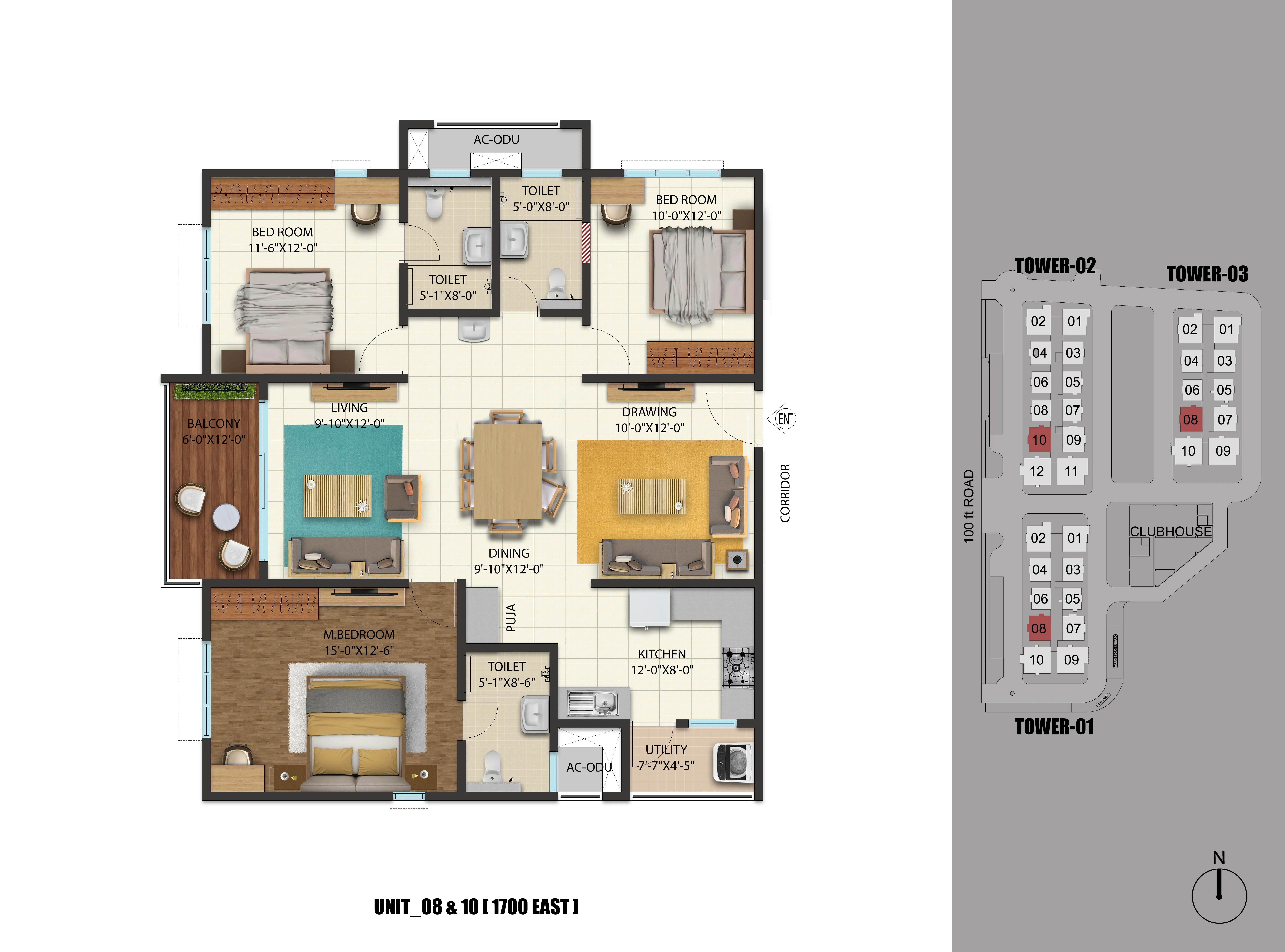 3 BHK 1700 East Facing Floor Plan